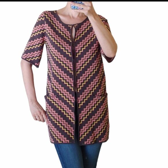 Milly zigzag chevron knit cardigan short sleeves long sweater size Small - Picture 10 of 10